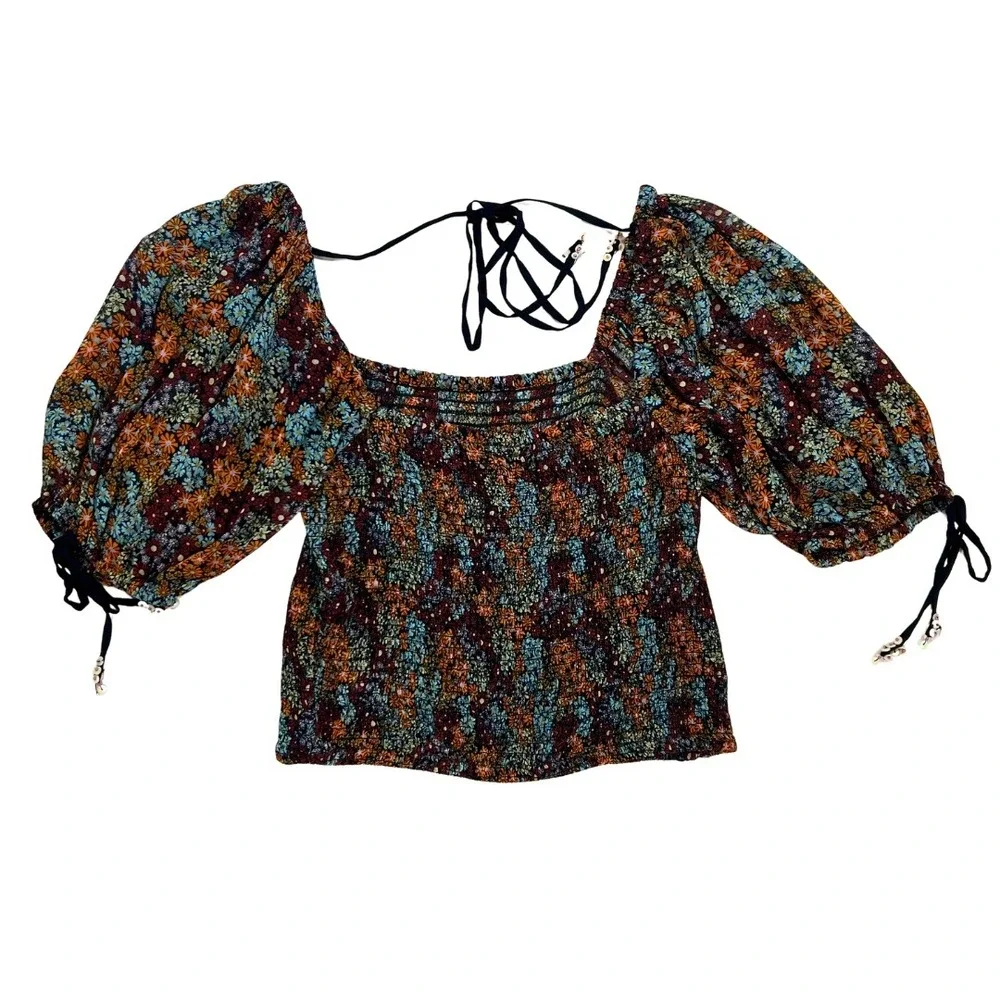 Free People Floral Smocked Puff Sleeve Crop Top Multi‎ Color OB1505273 Womens M